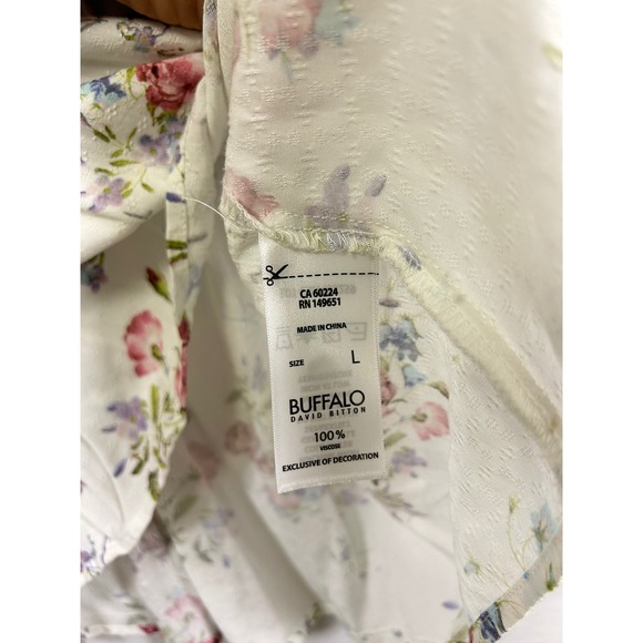 Buffalo David Bitton Floral Blouse Womens Size L Short Sleeve Tie Neck Top - Picture 6 of 8